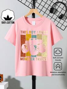 Boys' T-Shirt "This Boy Loves Monster Trucks" 100% Cotton, Soft And Comfortable For Everyday Wear, Suitable For Home, Outdoors And Sports Activities, Comfortable And Breathable - 白色 - 查看 7