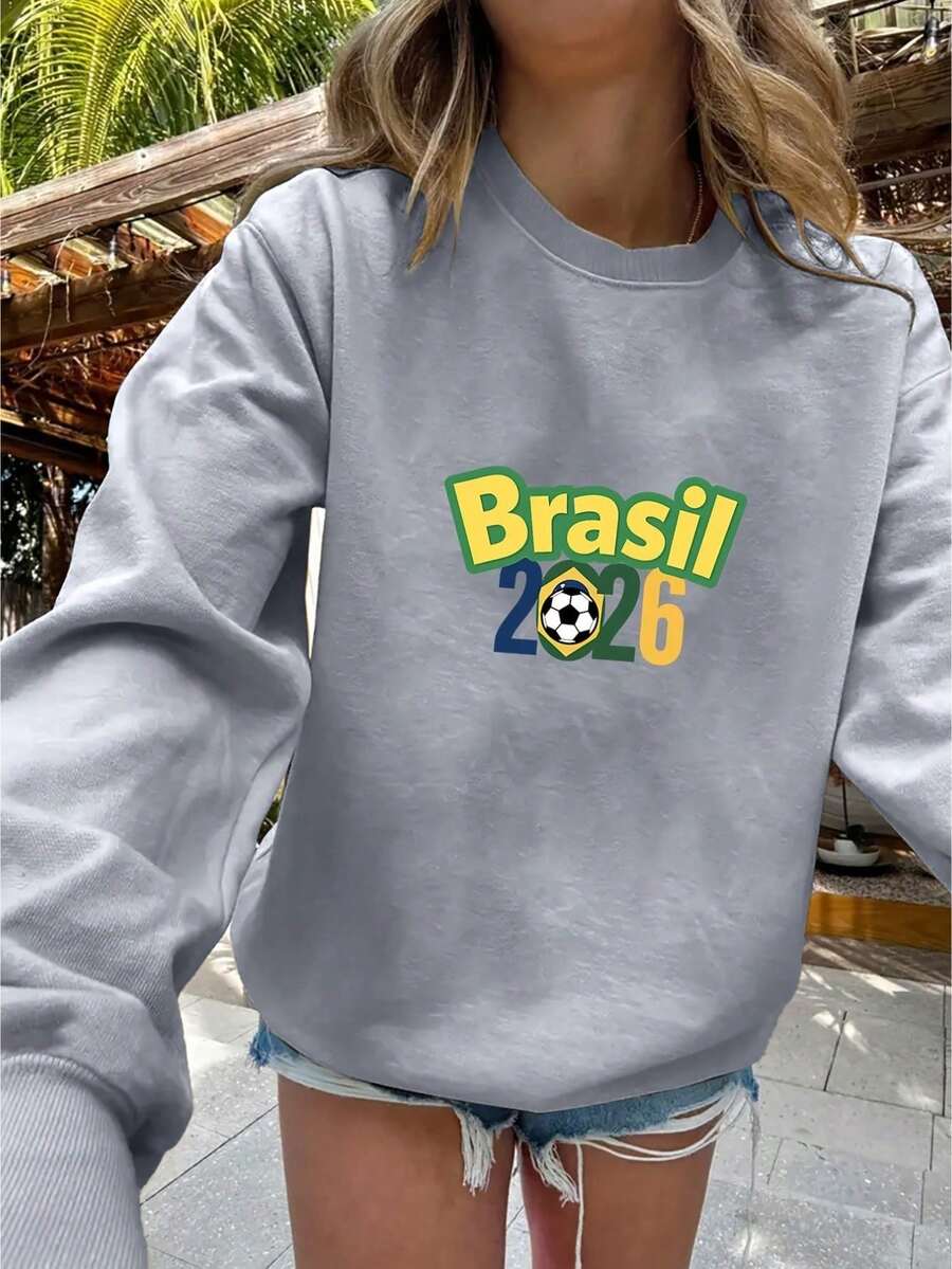 Women's Casual Crew Neck Sweatshirt With Brazil 2026 Football Print, Versatile Long-Sleeved Crew Neck Top, Machine Washable, Suitable For All Seasons, Women's Clothing, Cheapest, World Cup And Elections - 灰色 - 查看 1