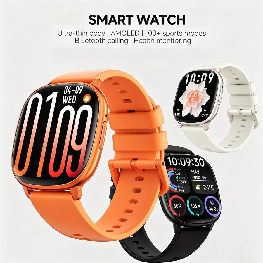 Smart Watch, 1.73" Large AMOLED Display Smartwatch With Heart Rate Monitor, 100 Sport Modes, Sleep Tracker, Remote Camera, Step Counter, Music Control - Silicone Strap For Women Men