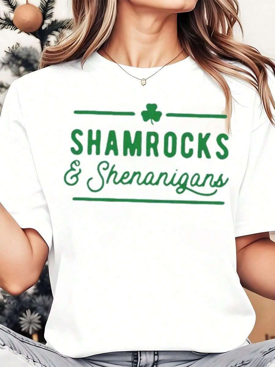 Women's T-Shirt With Shamrock Design And Fun Motifs For St. Patrick's Day Celebration, Comfortable Casual Wear, St. Patrick's Day T-Shirt, Shamrock T-Shirt, Ireland T-Shirt, 100% Pure Cotton, Women's T-Shirt, Bohemian Style - 白色 - 查看 1