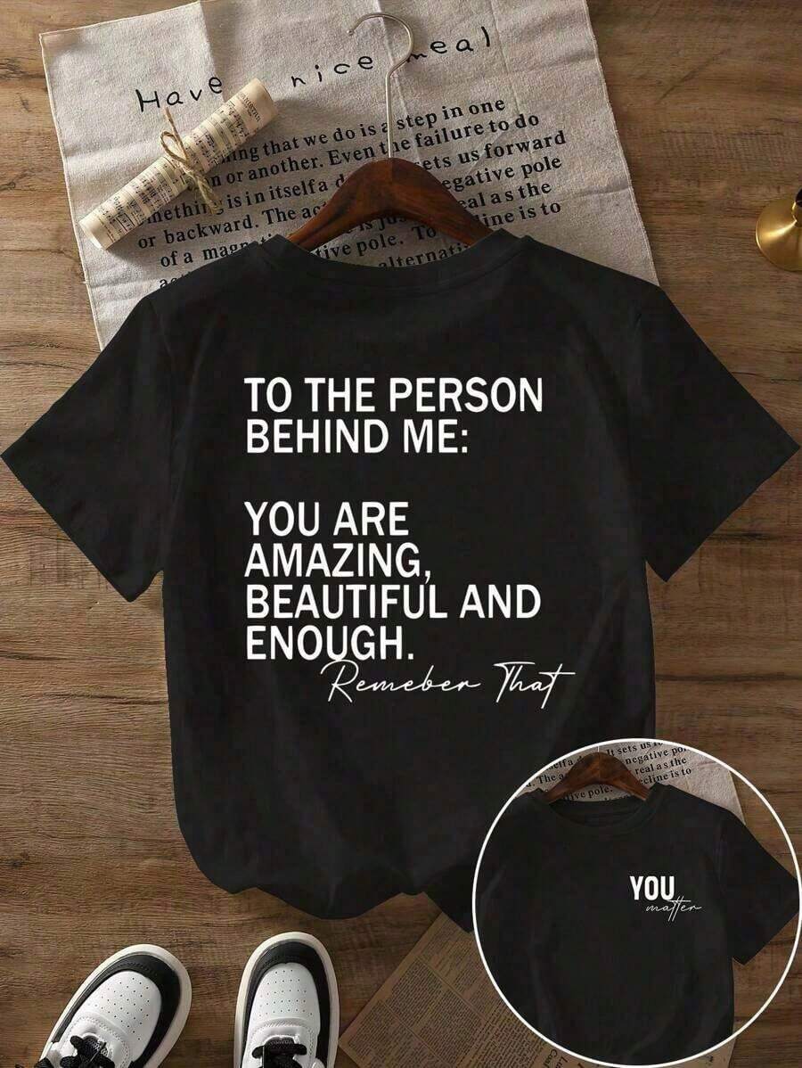 Impressive Slogan "You're Amazing, Beautiful, And Unique Enough To Remember It." Women's Letter Print Crew Neck T-Shirt - Urban Vintage Style, Unisex, Loose Fit, Cotton, Short Sleeves, Crew Neck. Blouses For Women. Casual Blouses For Ladies. - 黑色 - 查看 1
