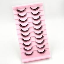 長效蓬鬆 10 對 D 捲貓眼俄羅斯條狀假睫毛 黑色梗 纖細 3D 仿貂毛 自然可重複使用 化妝睫毛 - 黑色 - 查看 2