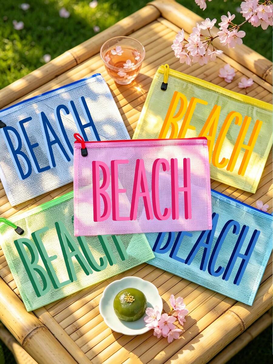 多色防水時尚網格海灘包，印有「Beach」圖案，大容量透明化妝包，海灘主題，防曬收納，適合春夏季，適用於游泳、海灘、潛水和夏季度假，學生返校，送給朋友、家人、閨蜜、同學的禮物。生日、節日、派對、婚禮（伴娘）、教師節的完美禮物和紀念品。郵輪必備，畢業、夏季度假、返校、開學禮物
