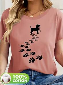 Camiseta Casual de Manga Corta para Mujer con Estampado de Silueta de Perro y Huella - Cuello Redondo en Rosa Suave, Ropa de Verano para Amantes de Mascotas, Lavable a Máquina, Ajuste Relajado, Tejido Transpirable - Negro - Ver 7