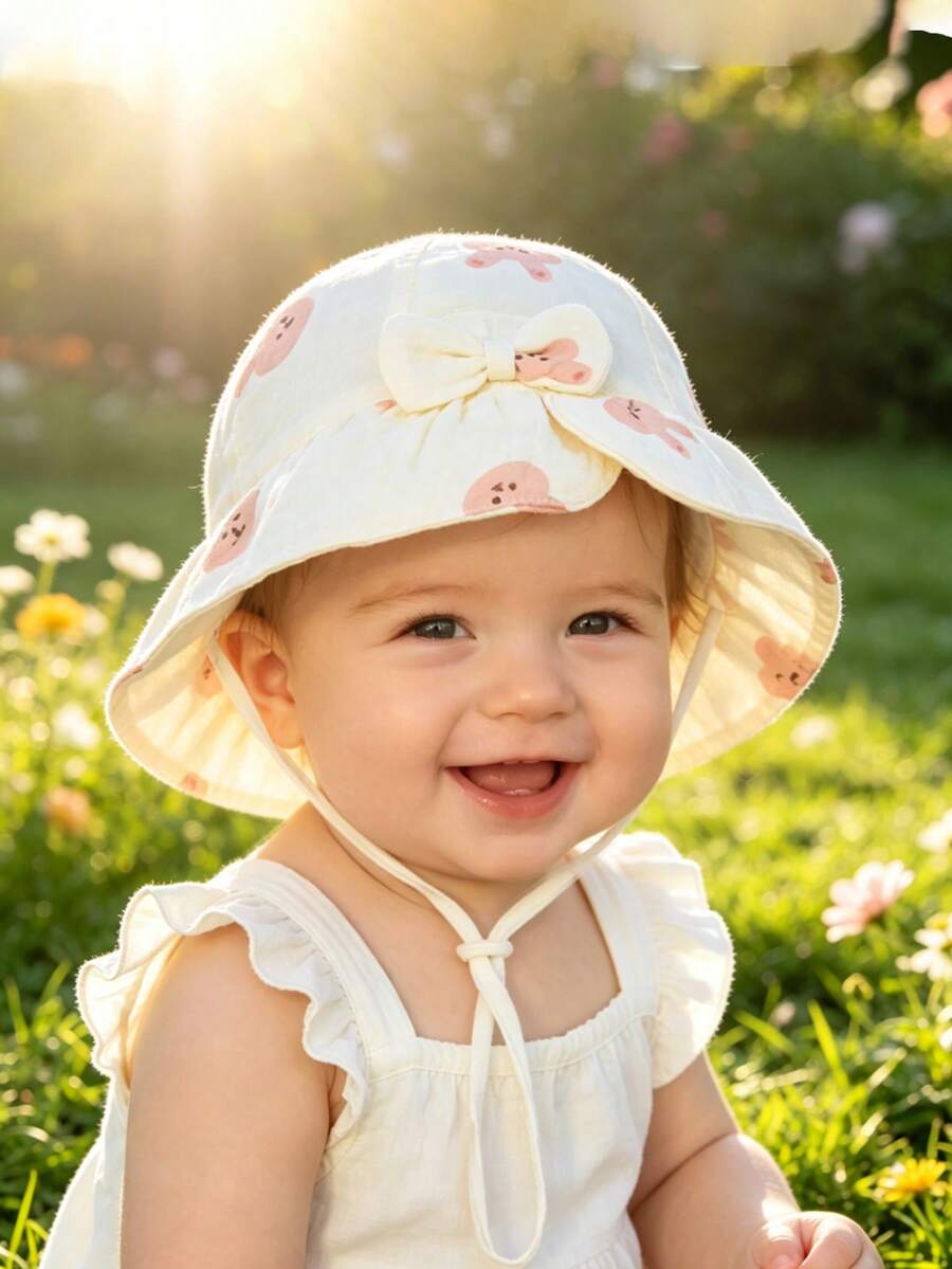 1顶婴儿遮阳帽,婴儿花朵蝴蝶结装饰遮阳帽,可爱纯色亲肤婴儿帽 - 小兔子 - 查看 1