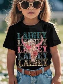 Solo hay una camiseta de manga corta a la .Camiseta de vaquera del oeste para niñas - Diseño de cabeza de toro en rosa y turquesa vestido juvenil - Negro - Ver 6