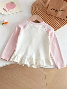 Milk Fufu Girls' Spring/Autumn Sweet Style Long Sleeve T-Shirt, Round Neck, Lace Hem, Patchwork Sleeves, Rabbit Print, Soft And Cute Top - White - View 2