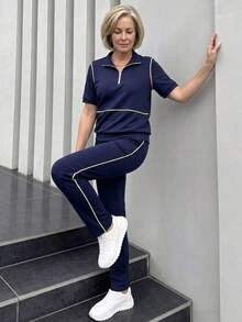 Conjunto de top de manga corta y pantalones con ribete de contraste para mujeres de edad media y mayores - Azul - Ver 4