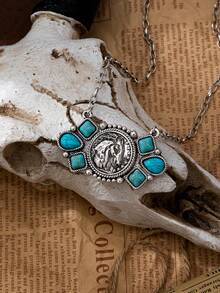 1/6Pcs Western Turquoise Pendant Necklaces Set - Cowboy, Horseshoe & Checked Charm Necklace - Retro Western Jewelry(Unique Western & Turquoise Pendants, Adjustable Chain Styles, Vintage Southwestern Aesthetic) - Multicolor - View 3