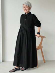 Vestido largo maxi casual y versátil de mujer con cuello de camisa, manga larga, hombros caídos, plisado y unicolor negro, para otoño/invierno, apto para oficina y uso casual - Negro - Ver 7
