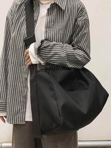 1 túi đeo chéo kiểu bánh bao bằng nylon phong cách thường ngày, túi đeo vai unisex dung tích lớn đa năng, phong cách streetwear - màu đen - Xem 3