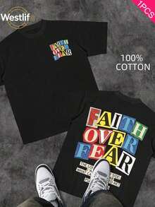 Men's Christian T-Shirt "FAITH OVER FEAR" | Psalm 118:6 Biblical Design | Inspirational Streetwear | 100% Cotton | Unisex Fit | Ideal Gift For Believers - 藍色 - 查看 12