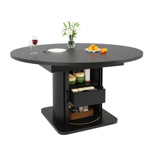 Extendable Dining Table, Kitchen Table, Round Table That Converts To Oval, 118-158 Cm, Seats Up To 6, With Drawers, Black - Hitam - View 1