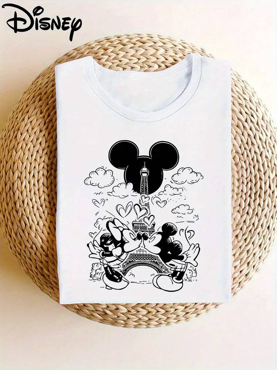 Disney-Licensed, Printed, Soft And Stretchy Short-Sleeved Top With Mickey And Minnie Motifs, Stylish Short-Sleeved T-Shirt With A Round Neck For Women - 白色 - 查看 1