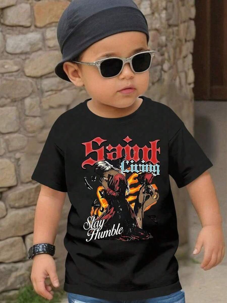 Camiseta de algodón puro para mujer, camiseta gráfica para niño con estampado de Saint Living y rosa, camiseta de cuello redondo para niño, eslogan "Stay Humble", camiseta deportiva de algodón suave para mujer. - Negro - Ver 1