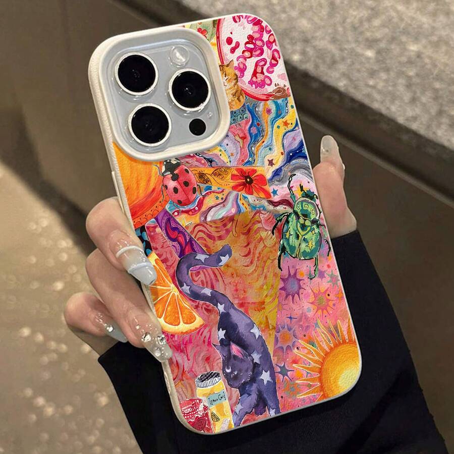 Funda para móvil con estampado de gatos e insectos, compatible con Samsung, Apple, VIVO, OPPO, , Transsion, , y Honor. Fabricada en TPU, ofrece protección contra golpes y caídas. Un regalo ideal para amigos y familiares. - Blanco - Ver 1