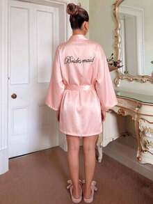 Gold Letter Robe, Suitable For Loungewear, Dresses, Women's Sleepwear, Bridal & Bridesmaid Robes, Wedding Party Attire, Wedding Ceremony & Reception Accessories, Women's Spring/Summer Bridesmaid Pajamas, Wedding Gowns, Best Friend Party Embroidered Robes, Bridal Robes, Wedding Supplies, Outdoor Weddings, Holiday Parties, Bathroom Decor, Back To School, Also An Ideal Choice For Street Fashion - Black Bridesmaid - View 4