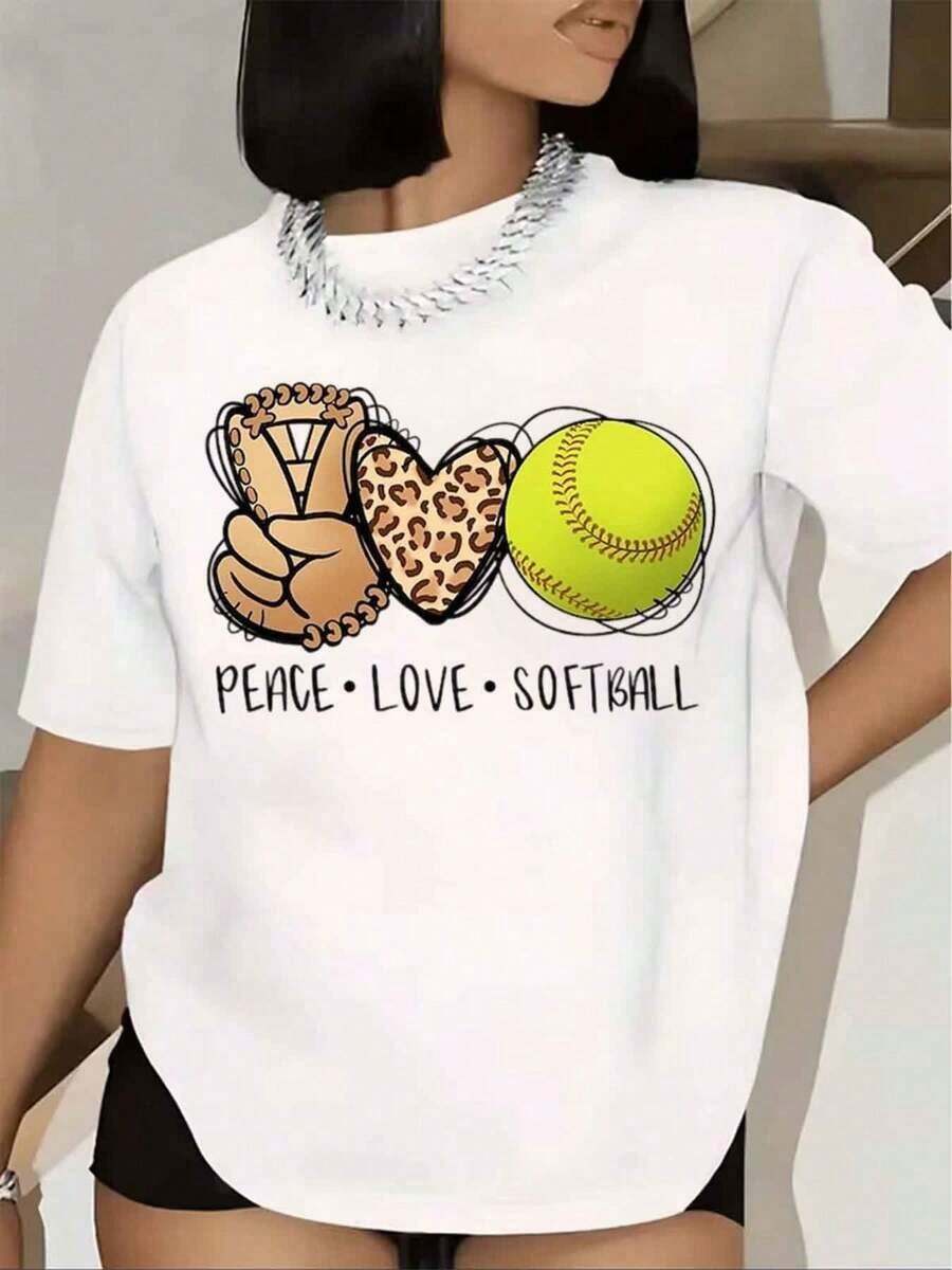 Women's T-Shirt With Peace And Love Graphic Print, Short Sleeve, Round Neck, Casual Wear, Y2K Style, Summer T-Shirt, Urban Fashion Top - 白色 - 查看 1