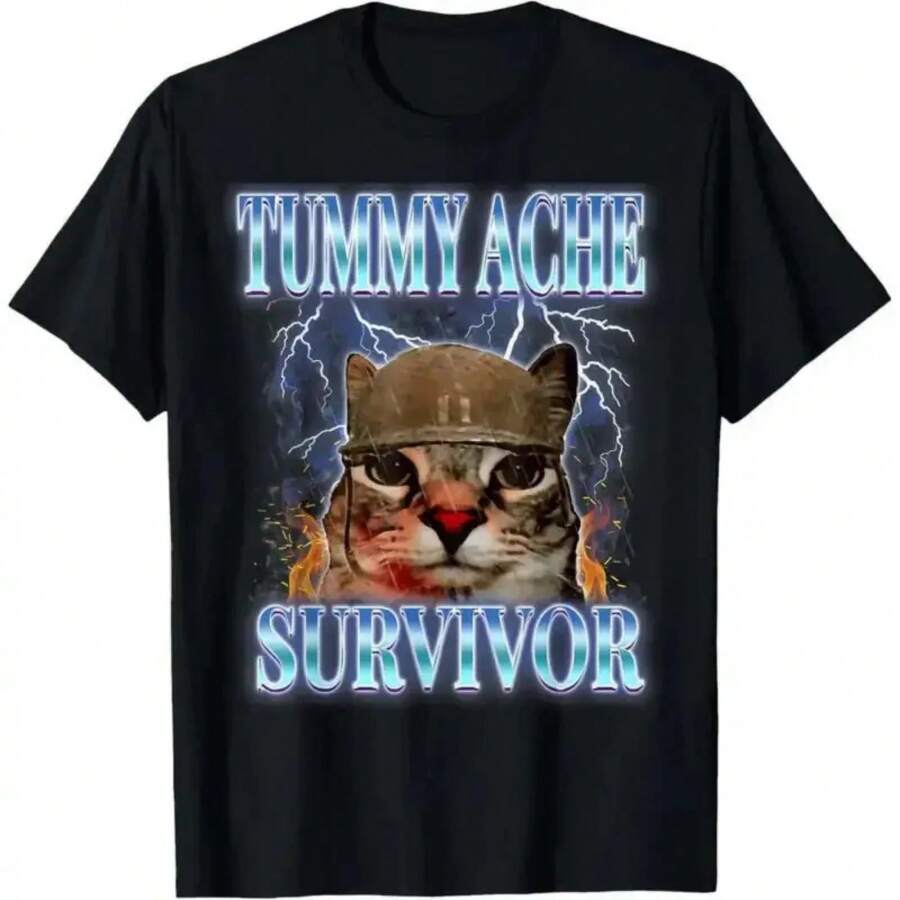 Stomach Ache Survivor Cat T-Shirt With Funny Phrase, Cat And Animal Design, For Adults, Kids And Youth, Graphic Tees, Funny Vintage Fashion Tees, Short Sleeve Tees, Holiday Clothing. - 黑色 - 查看 1