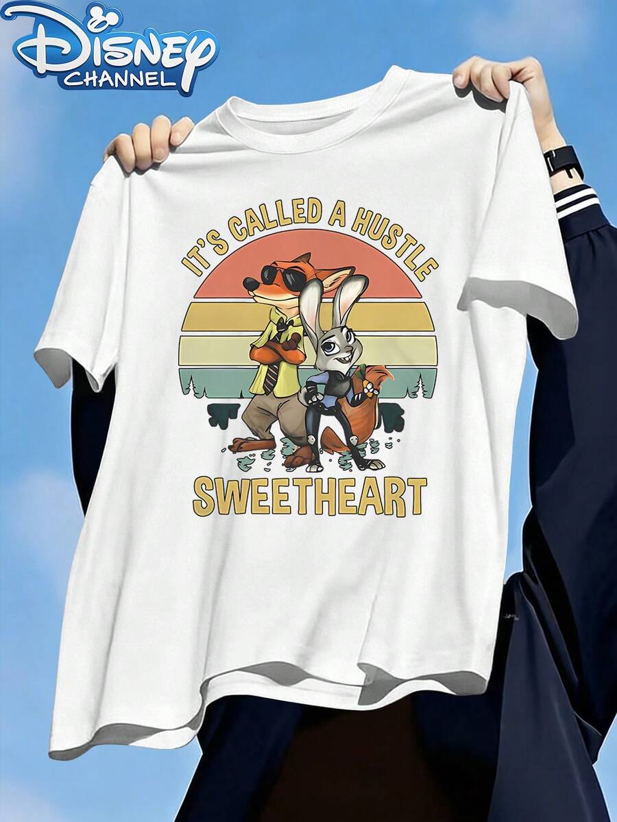 Disney Zootopia Retro Background HUSTLE Theme Printed Men's T-Shirt, Fashionable Design, Simple And Versatile, Round Neck T-Shirt Made Of Twill Fabric With Bound Edge, Summer Casual T-Shirt For Men - 白色 - 查看 1