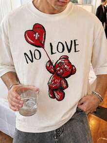 Camiseta Oversize Fractyr para Hombre con Estampado de Oso de Peluche y Corazón "NO LOVE", Tacto Suave, Color Blanco Ceniza, Estilo Grunge Urbano, Diseño Gráfico de Estética Oscura - Blanco - Ver 1