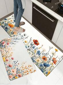 1/2pcs Rubber Kitchen Rug, Romantic Floral Anti-Fatigue Kitchen Mat, Non-Slip Washable Kitchen Mat, Comfortable Standing Mat - Multicolor - View 3