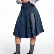 guangzhougaolangshangmao  Falda mini plisada de línea A de denim azul para mujer - Azul lavado oscuro - Ver 8