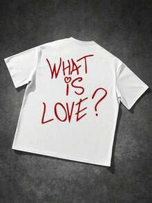Manfinity Love Manifesto Letter Print Summer Short Sleeve T-Shirt For Men, 100% Pure Cotton, 200 Gram Weight, Outdoor Sweatshirt For Men, Black, Shoulder, Oversized, Loose Fit, Lightweight And Breathable, Beach, Holiday, Relaxed, Leisure, Couple Clothing For Men And Women - 白色 - 查看 2