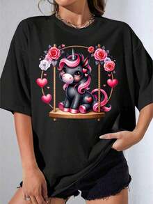 White T-Shirt For Girls With Unicorn Design, Cute White T-Shirt With Pink Hair Unicorn And Hearts On A Swing, Floral Design For Women, Casual Wear, Party Outfit, Fashion Piece, Printed T-Shirt For Outdoor Party, Casual, Suitable For Spring, Summer And Autumn. - 黑色 - 查看 1