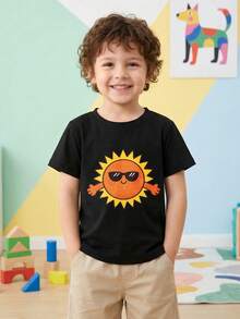 Lightweight Children's Short-Sleeved T-Shirt With A Sun And Sunglasses Print. Ideal For Home Use, Summer Wear, And Playtime, And Easy To Care For. - 黑色 - 查看 1
