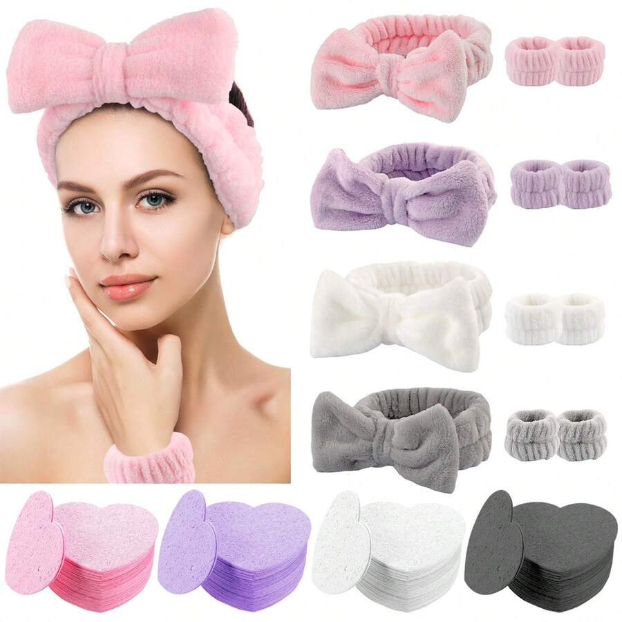 Diadema de SPA con 30 esponjas faciales de compresión con forma de corazón - Conjunto de diadema y almohadillas faciales de cuidado de la piel para damas - Diadema de maquillaje de terciopelo suave y esponjoso para limpieza facial, masaje y desmaquillado - Multicolor - Ver 1
