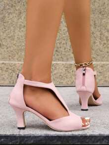 [2026 Hot Selling] Must-Have High Heels For Spring And Summer! Women's Solid Color T-Strap High-Heeled Sandals, Stylish Open-Toe Dress Shoes. ✅ Comfortable To Wear: Sturdy Heel Design, Non-Slip Sole. Suitable For Wedding Parties. ✅ Stylish Design. ✅ Available In 4 Classic Colors: Red / Pink / Black / Yellow, Easily Match Dresses And Jeans. - Hồng - Xem 5