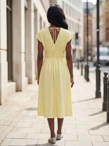 Vestido evasé de color amarillo crema con cintura fruncida, elegante para uso diario, vacaciones, primavera/verano - Amarillo - Ver 7