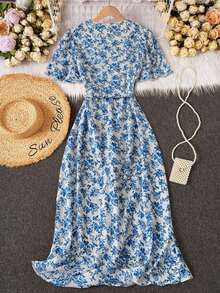 Nuevo 2026  Vestido con estampado floral diminuto, elegante y encantador, con cuello en V y cinturón, con nudo bohemio para mujer, volantes en el bajo, manga envolvente corta, cuello - Negro - Ver 8