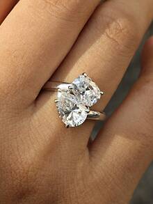 1 chiếc nhẫn bạc S925 đính đá Moissanite 4CT thiết kế hai viên đá đan chéo hình oval và giọt nước thanh lịch, nhẫn đính hôn cưới cô dâu, quà tặng cho bạn gái - Bạc - Xem 2