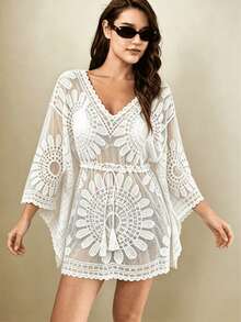 V-Neck Crochet Lace Cover Up, Sheer Mesh Fringe Tie Waist Beach Cover Up White Summer - White - View 4