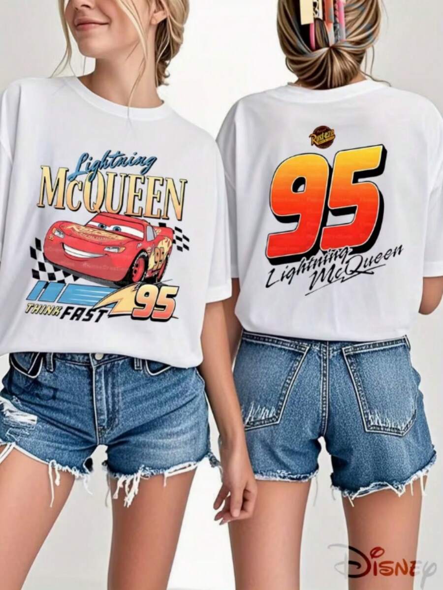 Disney Lightning McQueen Reversible Printed Plus-Size Women's T-Shirt, Loose Round Neckline, Featuring A '95'-Orange-Red Gradient Double-Sided Print, Recommended For Spring And Summer, Machine Washable Fabric, Slightly Stretchy, Exclusive For Fans. - trắng - Xem 1