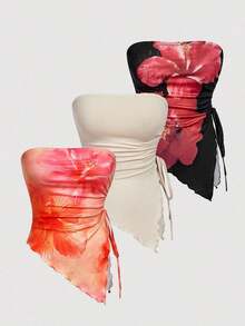MOD 4 piezas Parte superior corta ajustada tipo tubo, con lazo en la cintura, top bandeau estampado, top corto sin tirantes, paquete de 4 tops bandeau tipo tubo para mujer con detalle de fruncido y cordón, estampado floral, para primavera/verano, té, salir - Multicolor 12 - Ver 9
