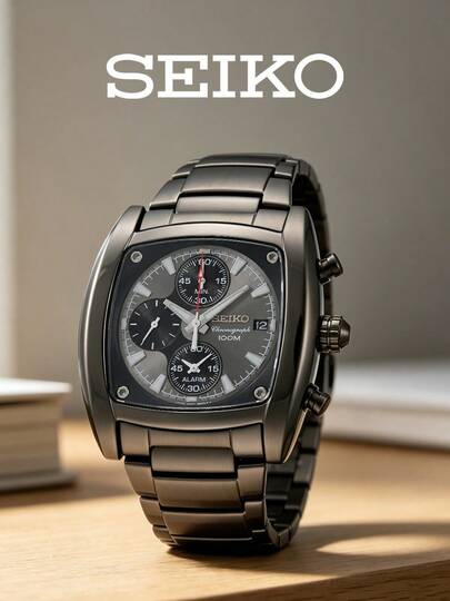 Seiko Reloj cronógrafo con alarma Tonneau negro para hombre, brazalete de acero inoxidable pulido con revestimiento iónico negro, esfera oscura degradada, reloj de pulsera robusto y futurista para estilo urbano, aventuras al aire libre, uso diario informal. Regalo ideal para él en cumpleaños, despedidas de soltero, aniversarios y vacaciones. Perfecto para hombres modernos, atrevidos y vanguardistas.
