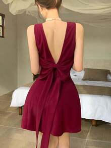 Vestido mini con cintura ceñida y decoración de moño, color rojo, para primavera y verano - Burdeos - Ver 7