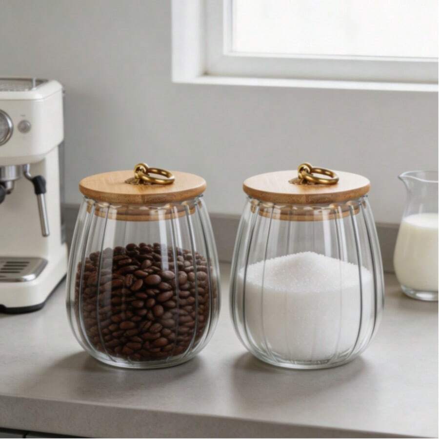 2 Pcs Round Glass Storage Jars With Bamboo Lids, Airtight Canisters For Nuts, Tea, Snacks, Coffee Beans, Kitchen Counter Organizer