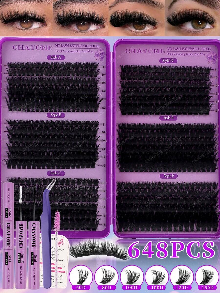 CMAYOME 648/684/720片 D捲度大容量DIY假睫毛套組，8-16mm 10D-150D 長效蓬鬆濃密睫毛簇，自然/華麗眼妝，適合初學者與日常使用，婚禮、旅行、派對、度假