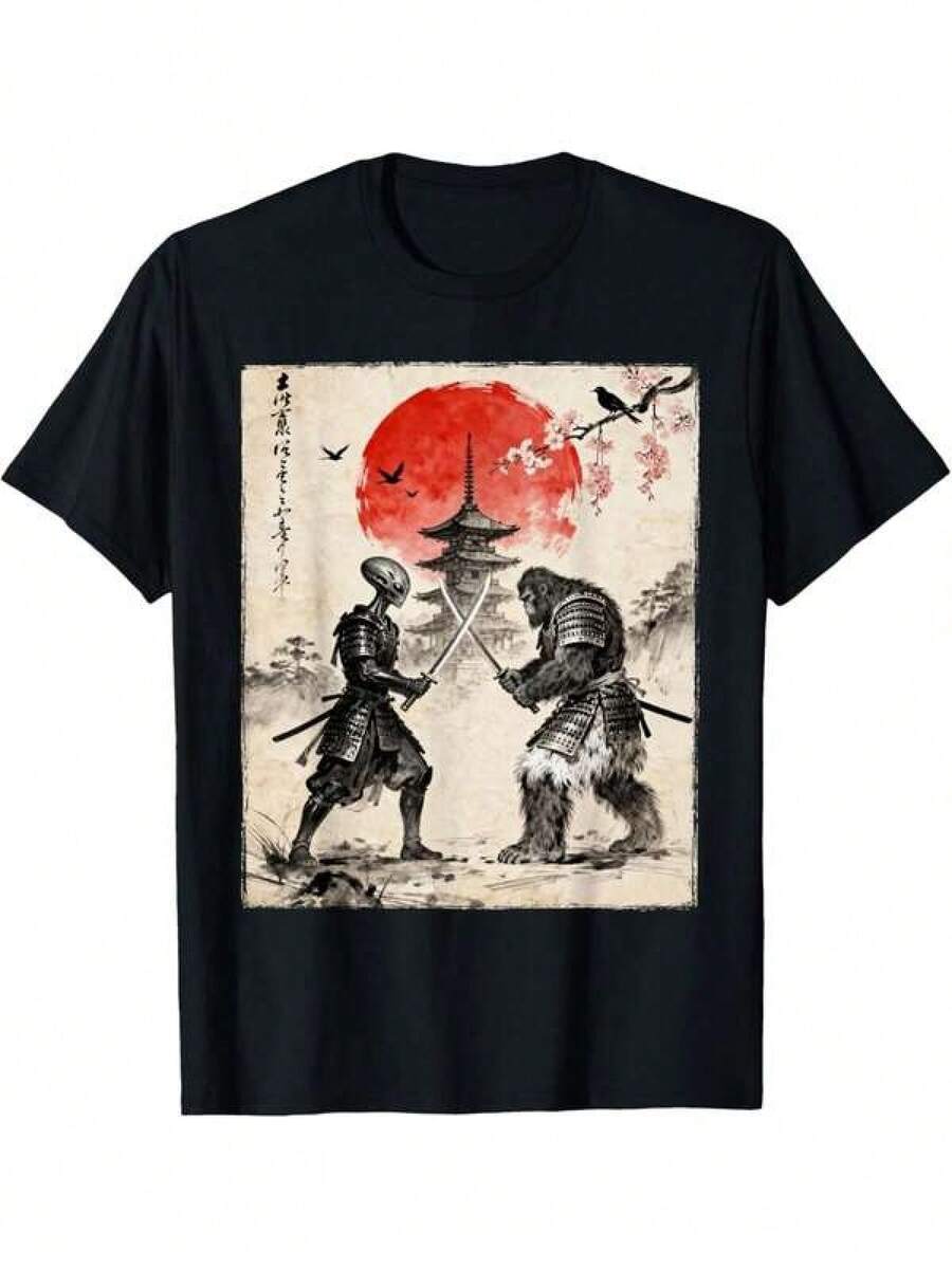 Camiseta para Hombre con Diseño Gráfico Japonés de Bigfoot Samurai Alien Battle, Manga Corta Suave y Transpirable, Perfecta para Uso Diario, Actividades al Aire Libre, Viajes y Estilo Casual, Ajuste Cómodo para Todo el Día. Silueta casual y holgada; diseño ligero de manga corta; estilo a juego para padres e hijos. - Negro - Ver 1