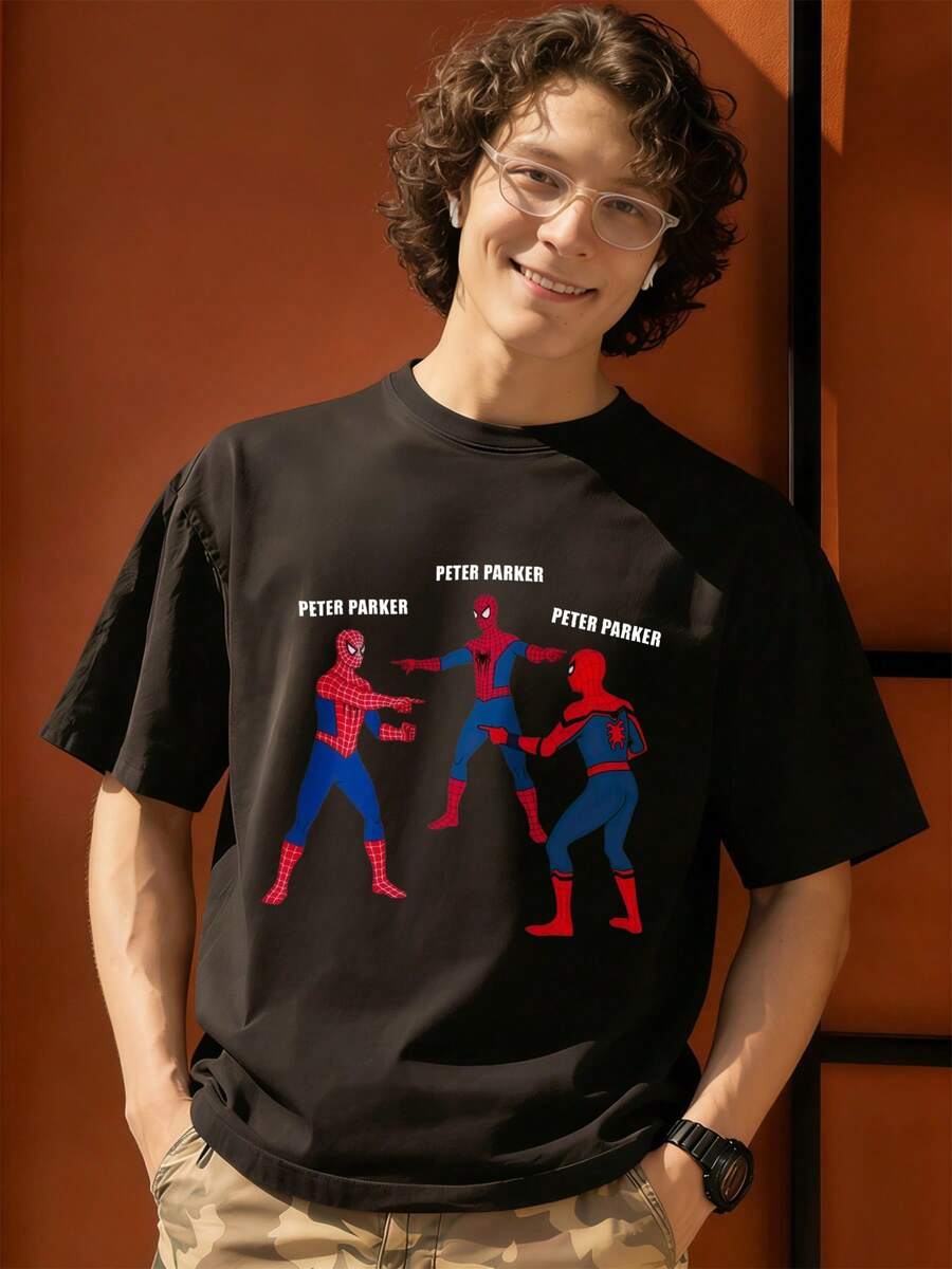 Peter Parker Spider-Man Meme Graphic T-Shirt 100% Cotton Men's Tee MARVEL Marvel Universe Superhero Summer Outfits Men Clothes Mens Tops Streetwear Mens Gift Ideas, Mens Fashion Casual Tops - Black - View 1