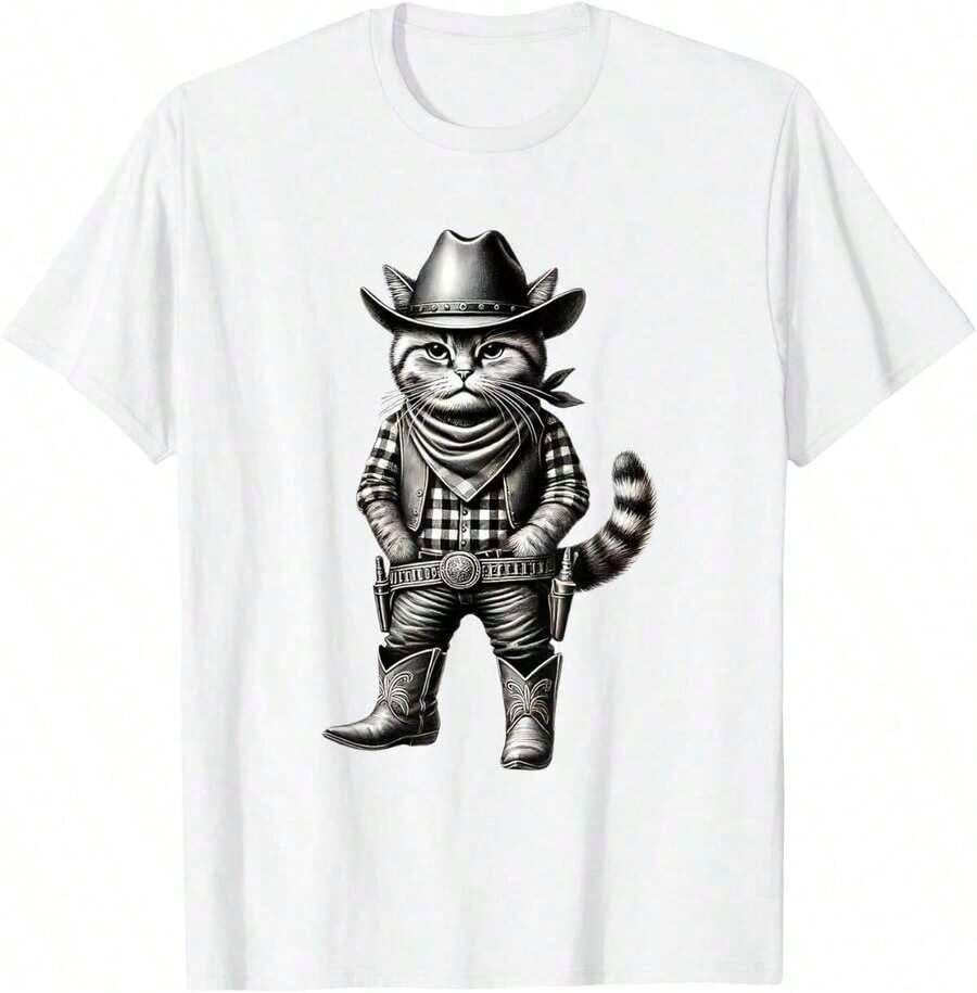 1 Pack Men's T-Shirt Meow, Buddy, Funny Cat, Cowboy, Wild West Meme Men's T-Shirt - 灰色 - 查看 1