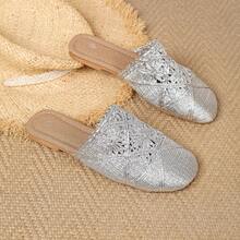 New Summer Women's Breathable Woven Round Toe Flat Slippers, Lightweight Casual Beach Sandals, Elegant & Comfortable, Suitable For Indoor & Outdoor Wear - Silver - View 8