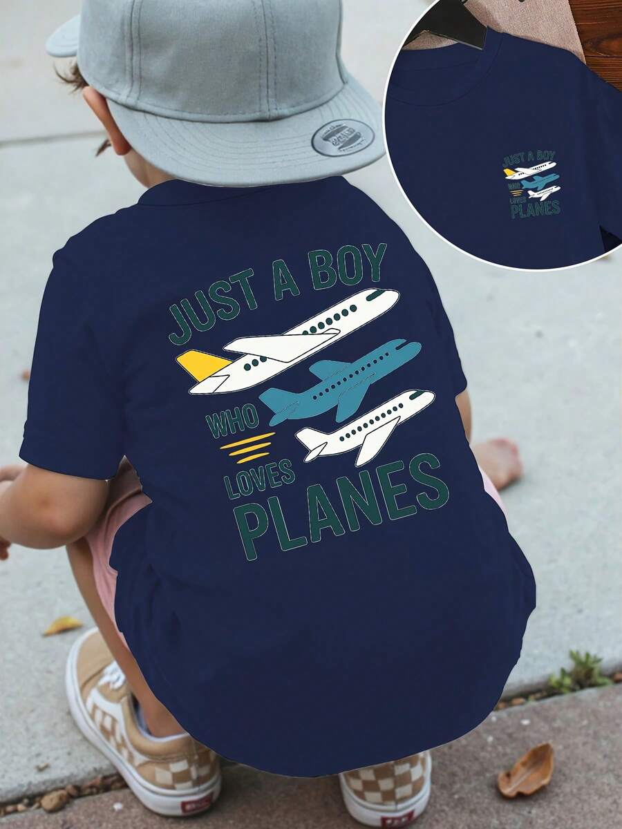 Fashionable Short-Sleeved T-Shirt With Front And Back Prints For Children Aged 1-14 Years, "A Child Who Loves Airplanes", A Comfortable And Versatile T-Shirt For Everyday Wear - 粉色 - 查看 1
