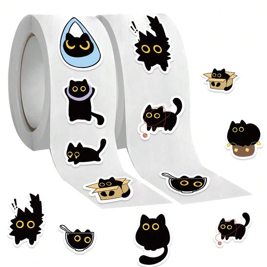 500pcs Small Black Cat Animal Stickers Roll - Self-Adhesive PVC Stickers, Suitable For Laptop, Water Bottle, Phone - Birthday Stickers, Can Decorate Notebook, Cartoon Stickers - Multicolor - View 1