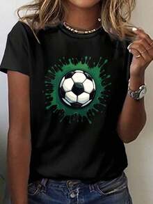 Camiseta de manga corta para mujer,Camiseta para mujer manga corta verano, playera negra casual con estampado de fútbol verde, ideal para amantes del deporte. - Negro - Ver 2