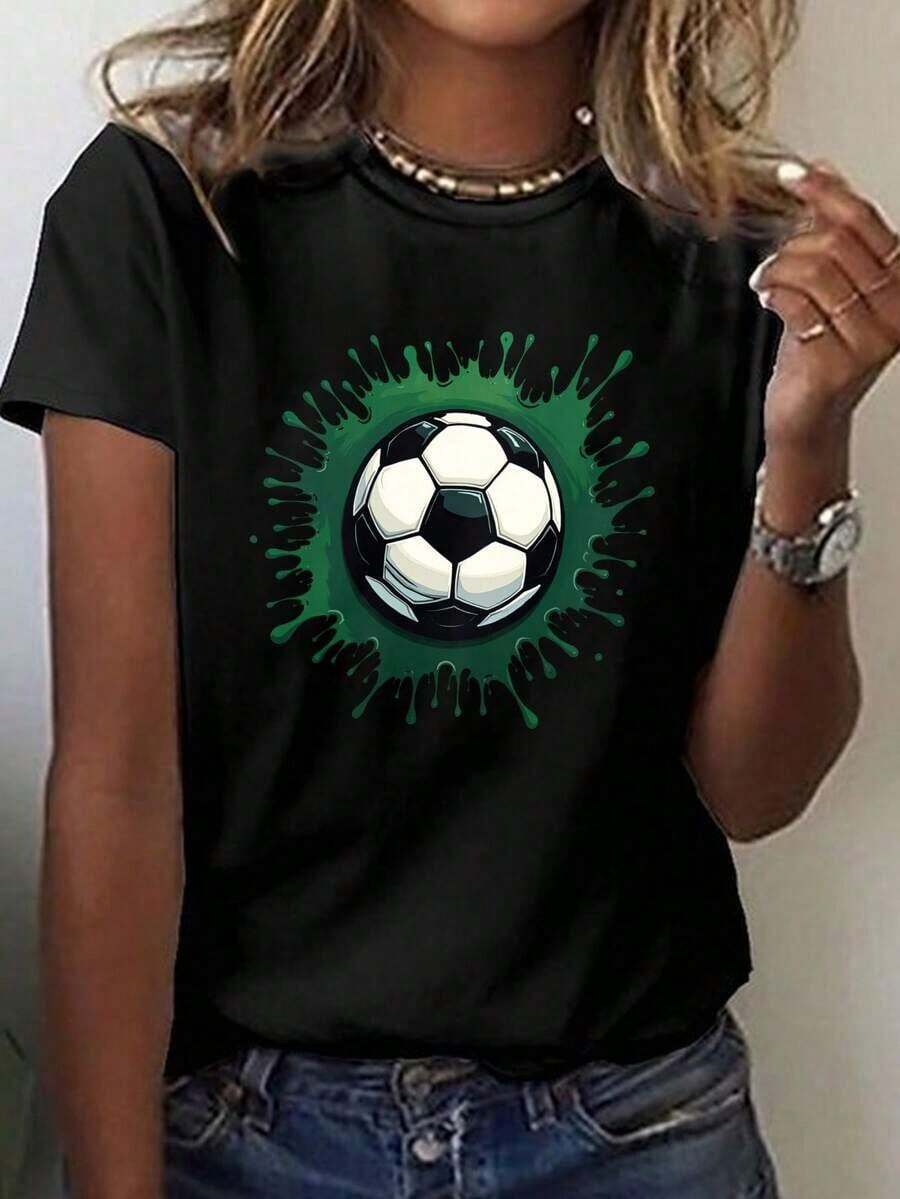 Camiseta de manga corta para mujer,Camiseta para mujer manga corta verano, playera negra casual con estampado de fútbol verde, ideal para amantes del deporte.